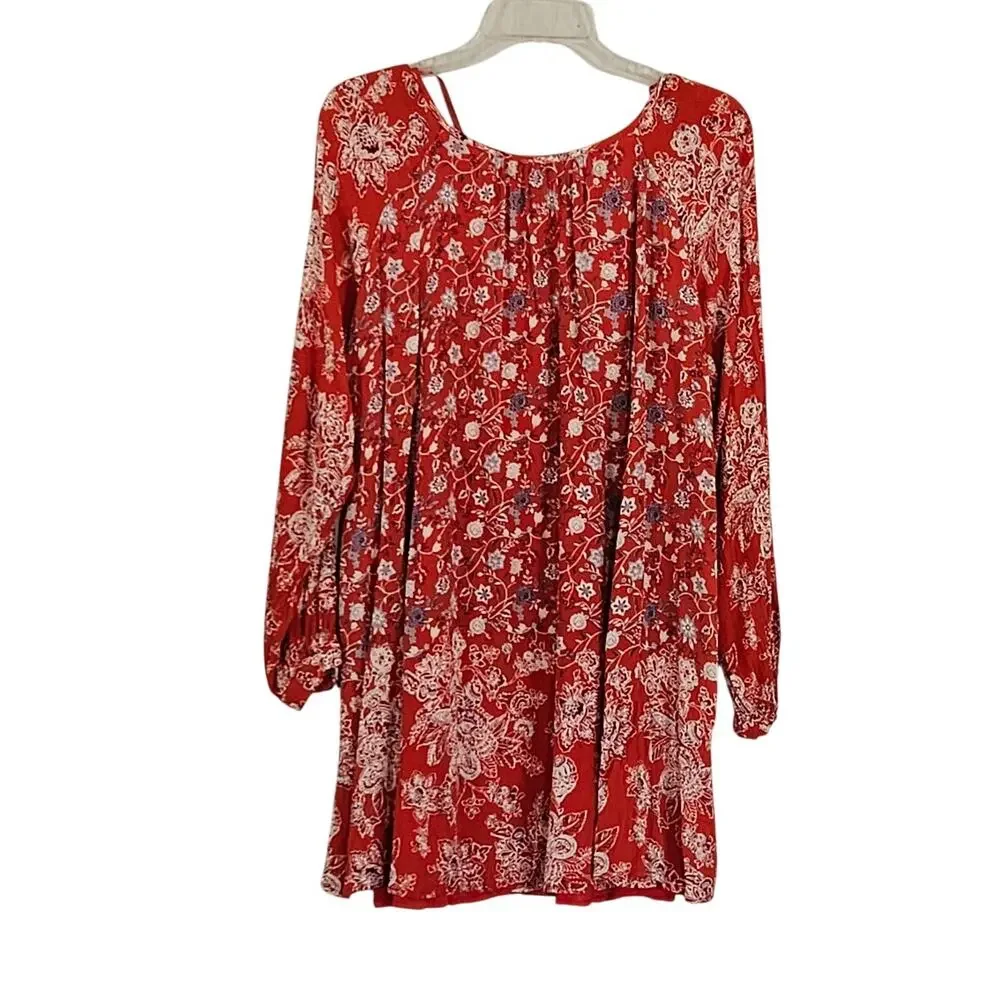 Free People Floral Lucky Loosey Mini Dress M  Red Tunic Festival Boho Oversized